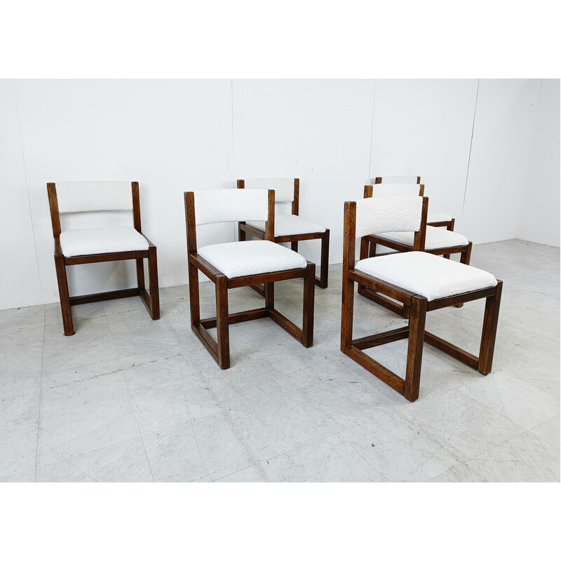 Set di 6 sedie da pranzo brutaliste vintage in legno di quercia e tessuto bouclé, Germania 1960
