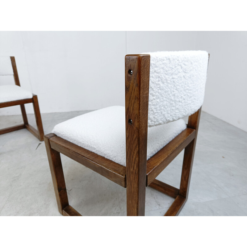 Satz von 6 brutalistischen Esszimmerstühlen aus Eichenholz und Bouclé-Stoff, Deutschland 1960er Jahre