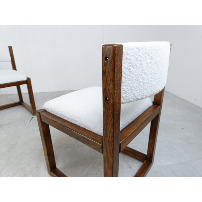 Set of 6 vintage brutalist dining chairs in oakwood and bouclé fabric, Germany 1960s