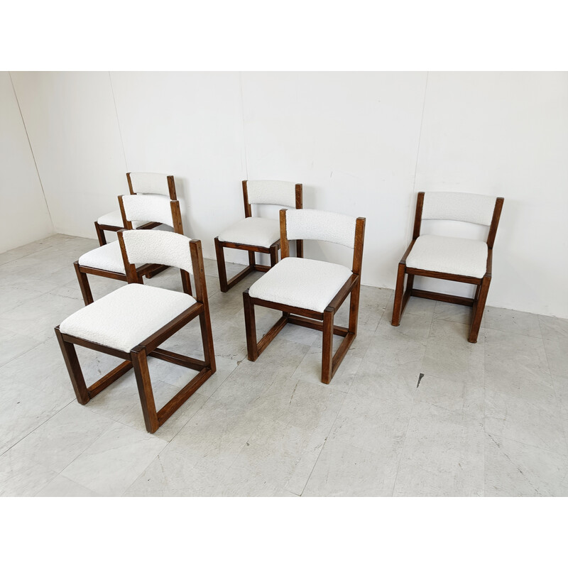 Set of 6 vintage brutalist dining chairs in oakwood and bouclé fabric, Germany 1960s