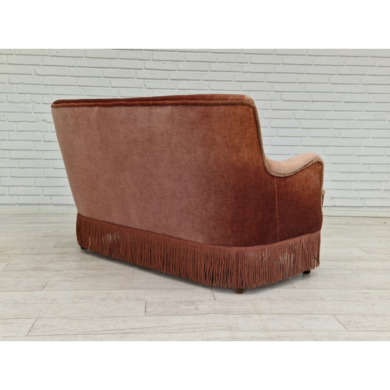 Danish vintage velour and beech wood 2 seater sofa, 1970s