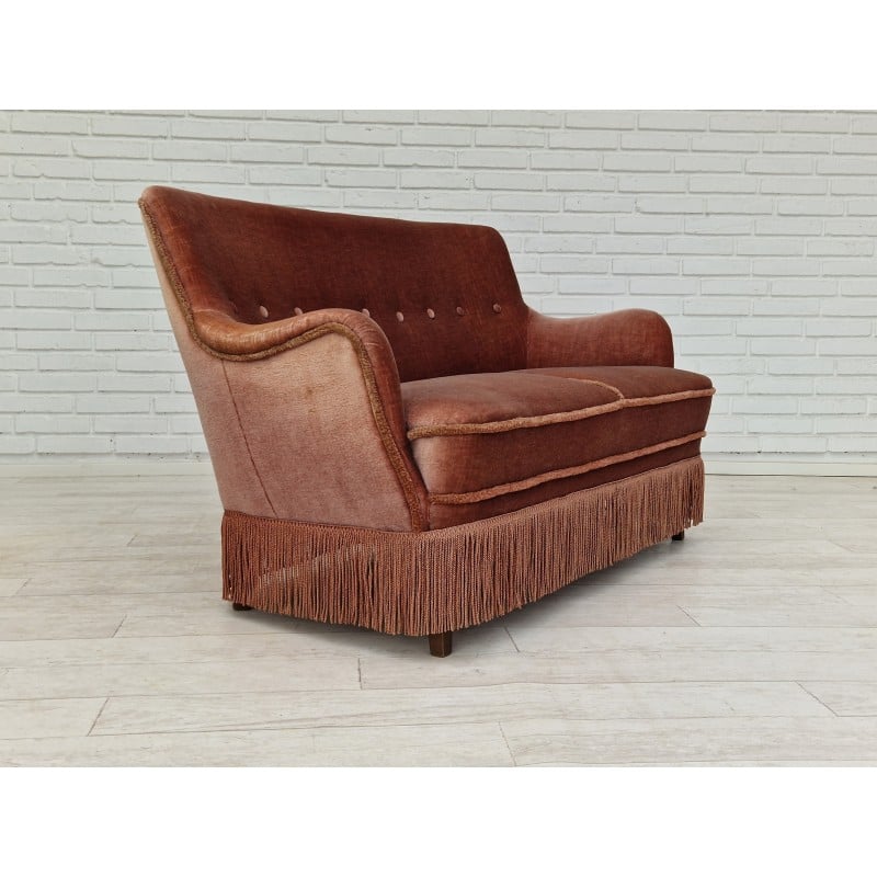 Dänisches Vintage-Sofa aus Velours und Buchenholz mit 2 Sitzplätzen, 1970er Jahre