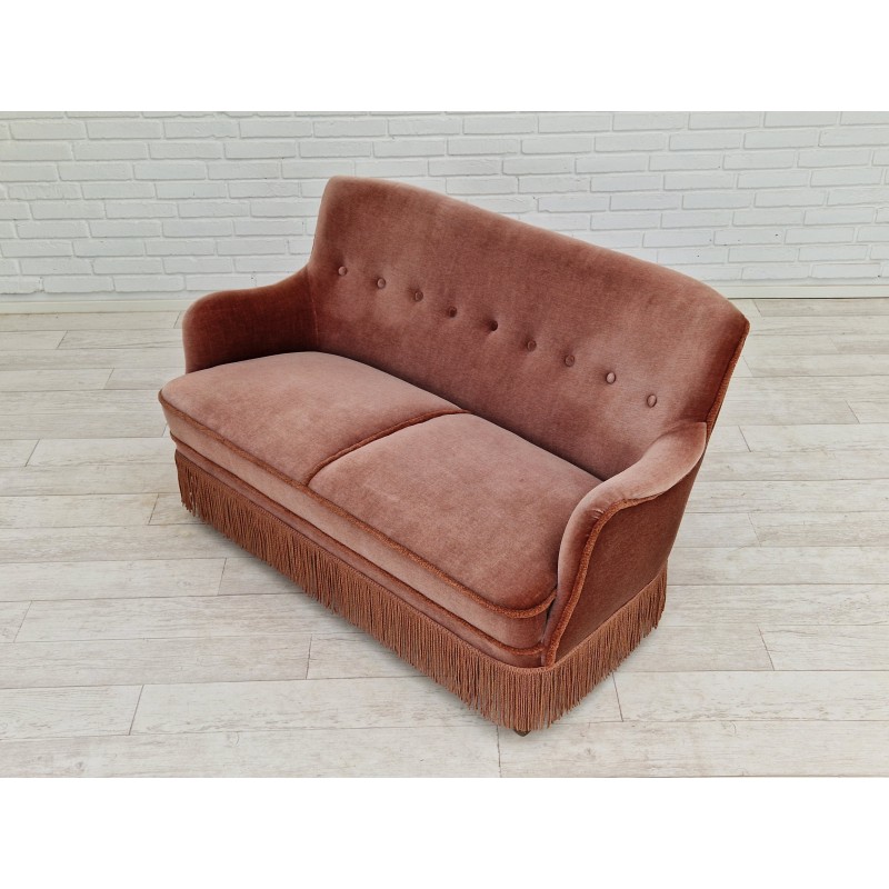 Danish vintage velour and beech wood 2 seater sofa, 1970s