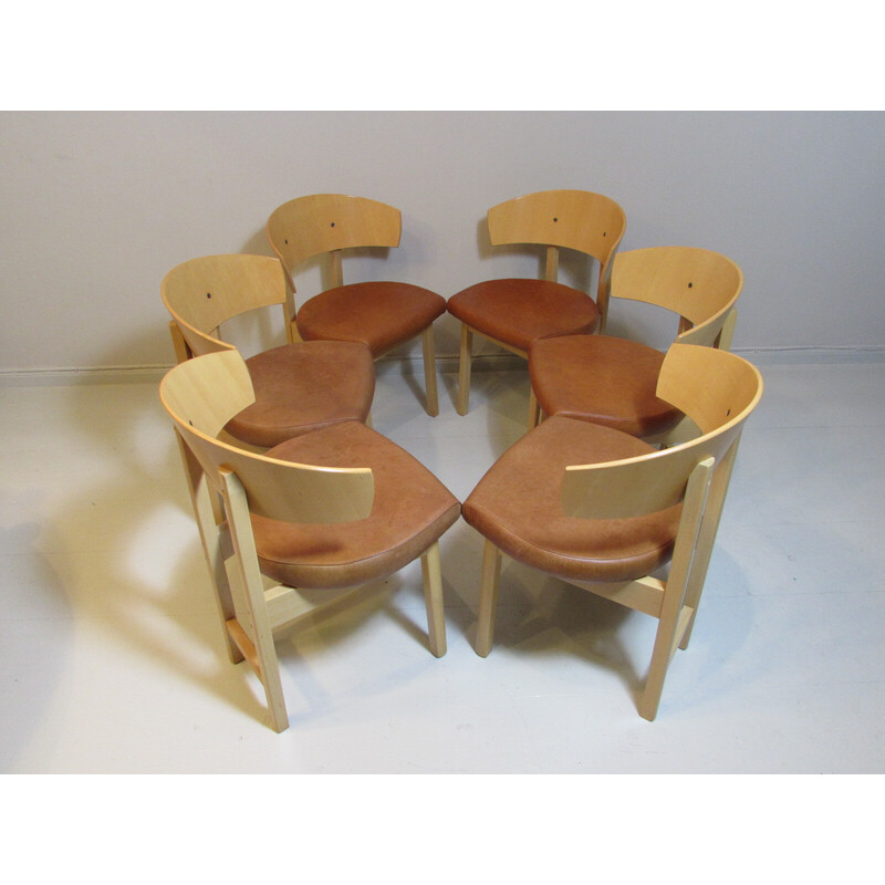 Set van 6 vintage stoelen van leer en beukenhout