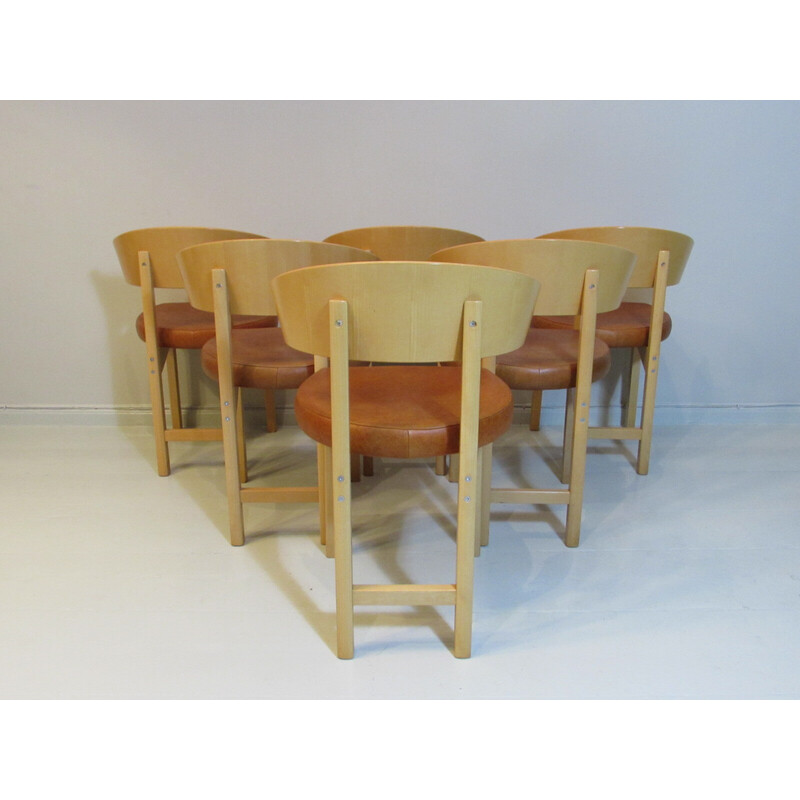 Juego de 6 sillas vintage de cuero y madera de haya