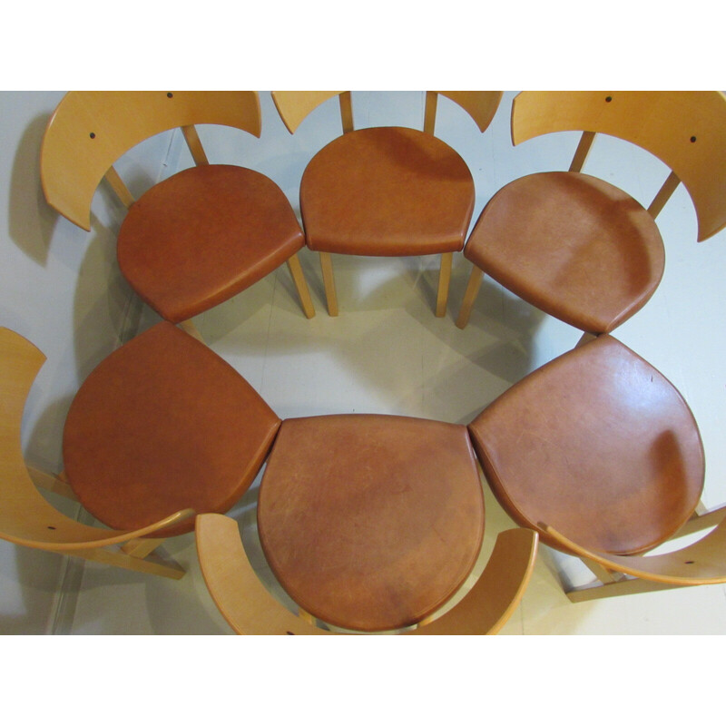 Conjunto de 6 cadeiras vintage em couro e madeira de faia