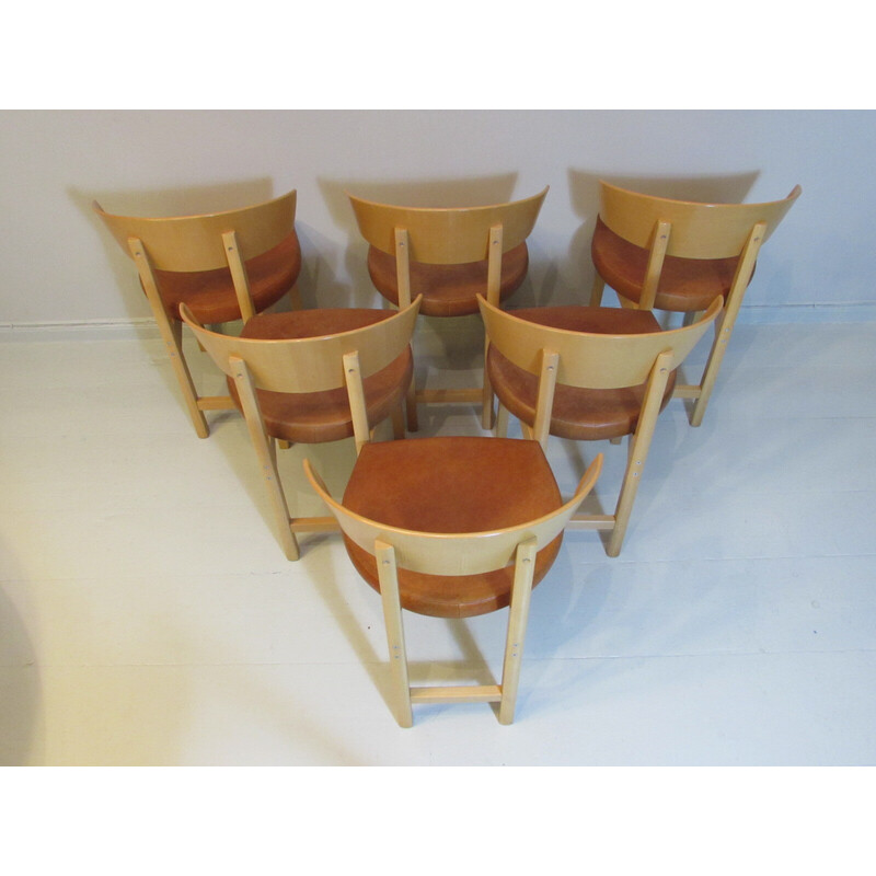 Set van 6 vintage stoelen van leer en beukenhout