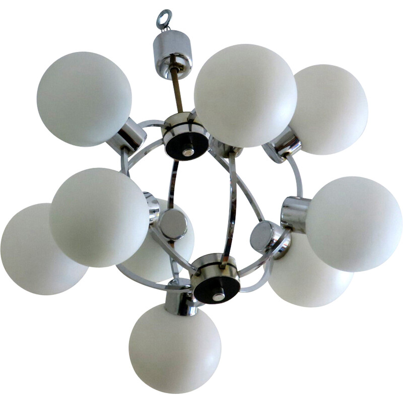 Mid-century chandelier with 9 radiating milk glass globes, 1970