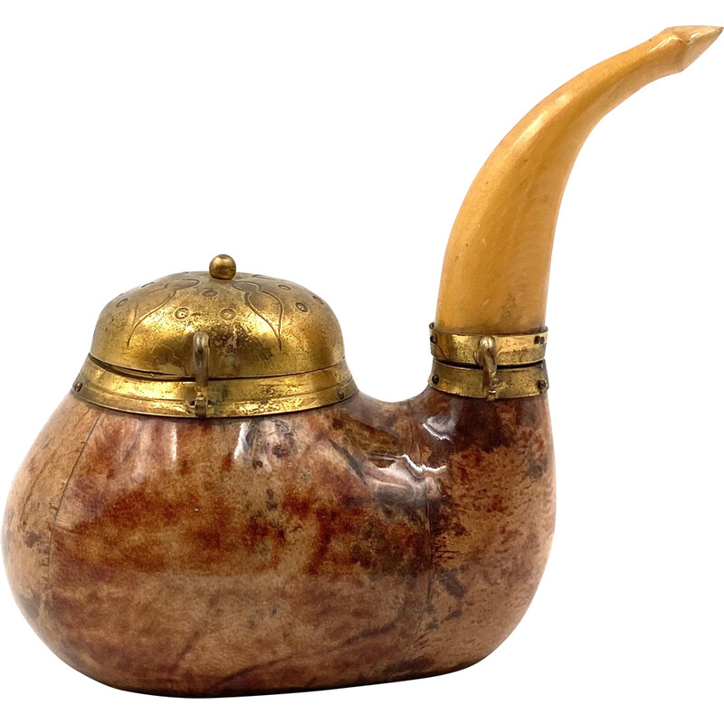 Vintage parchment and brass tobacco tin in the shape of a pipe by Aldo Tura, Italy 1950