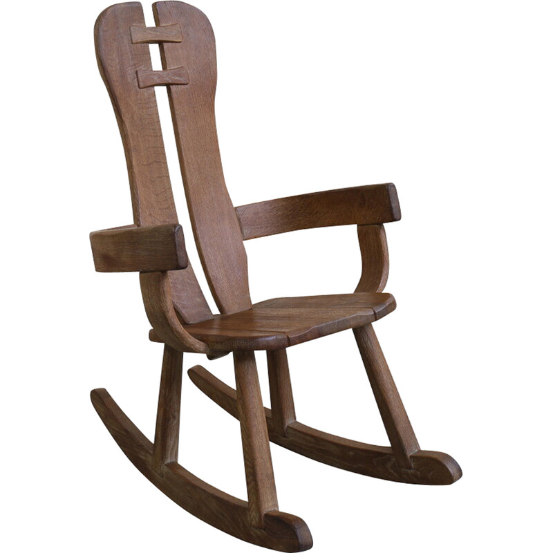 Vintage brutalist solid oakwood rocking chair by De Puydt, 1970