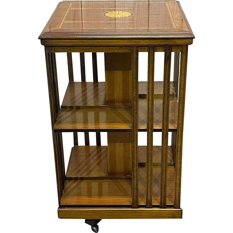 Vintage English revolving yew bookcase, 1950s