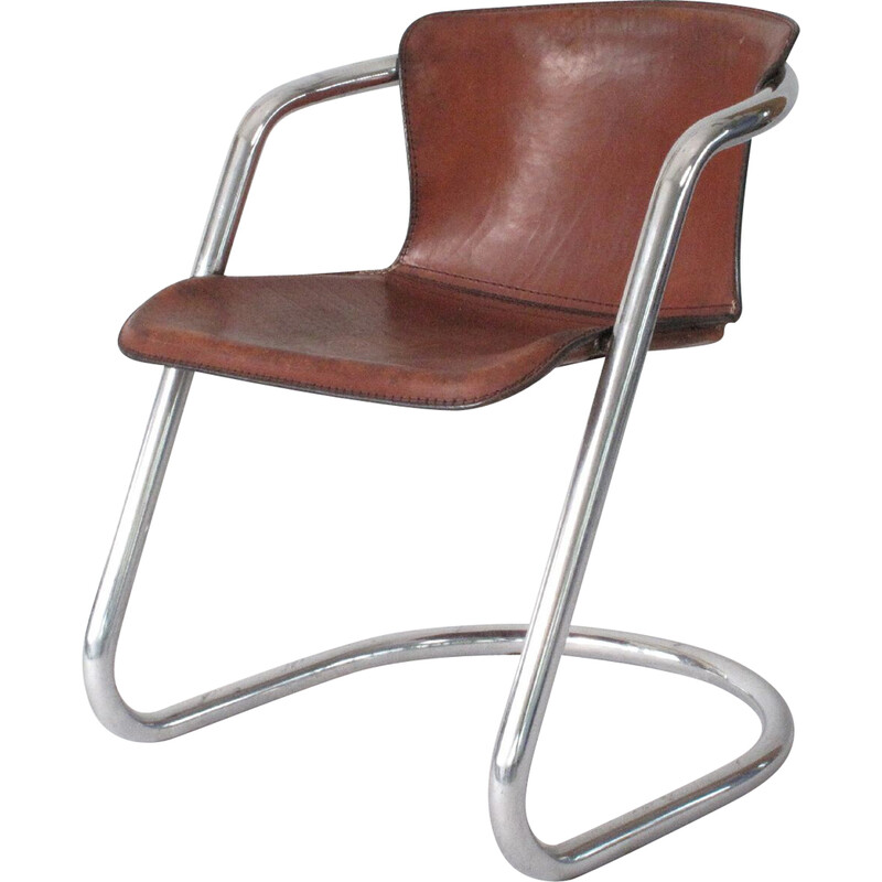 Sillón vintage de tubo y cuero de Metaform, Países Bajos Años 70