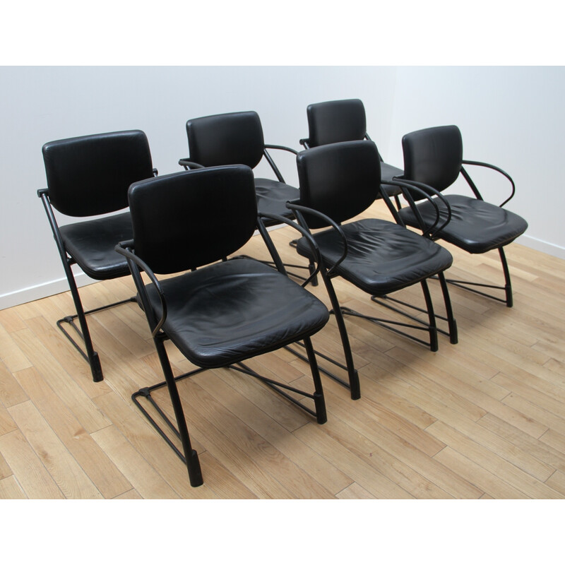 Set di 6 sedie da ufficio vintage Steelcase in metallo e pelle