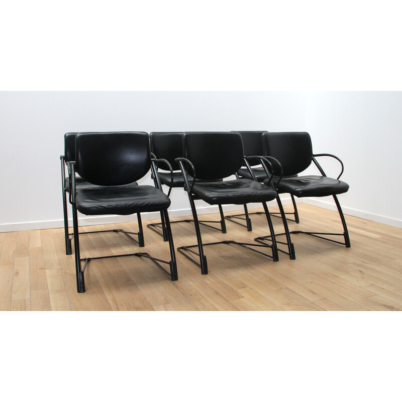 Set of 6 vintage Steelcase office chairs in metal and leather