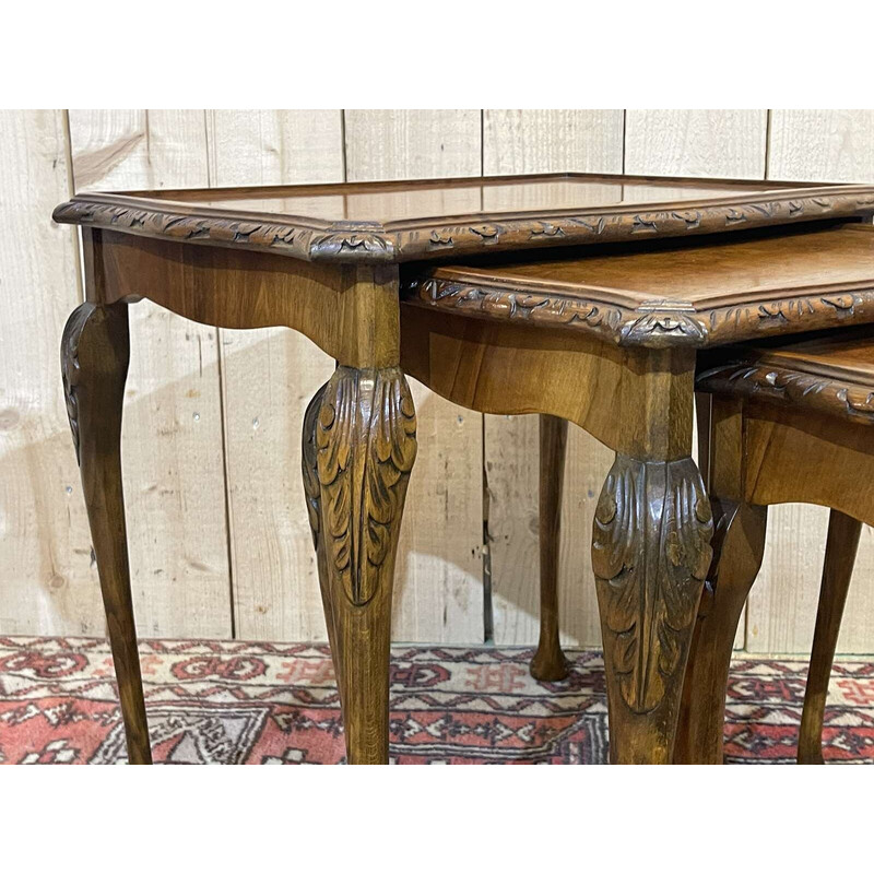 Vintage nesting tables in burr walnut, 1950