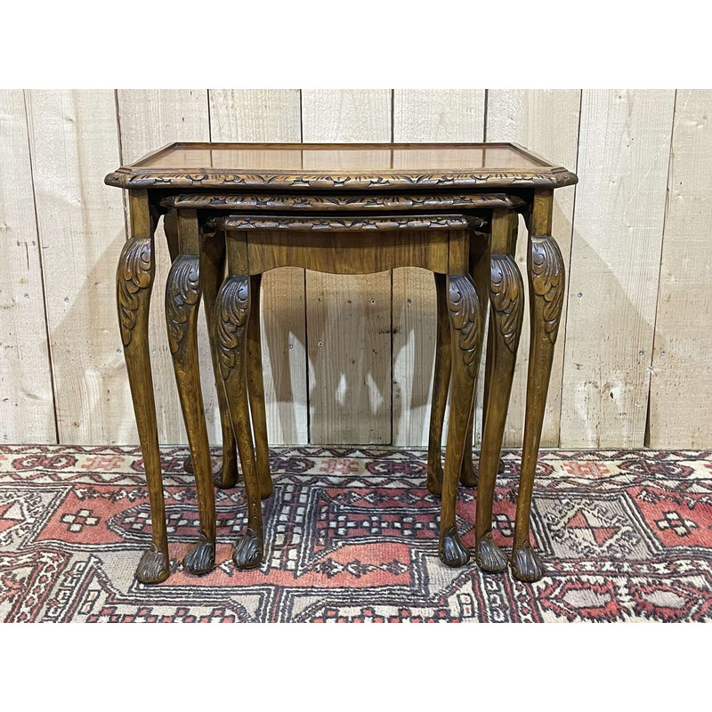 Vintage nesting tables in burr walnut, 1950