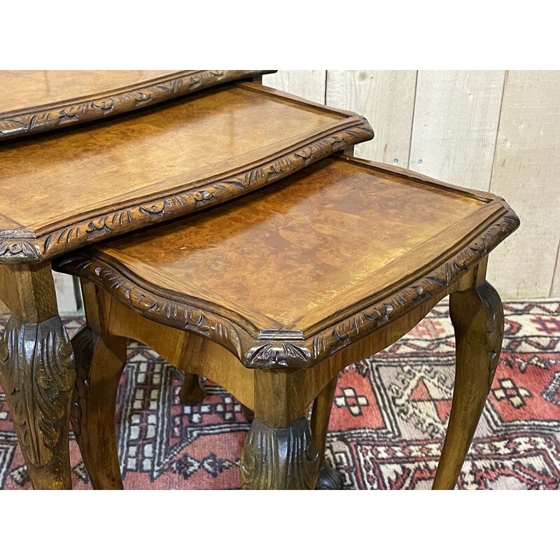 Vintage nesting tables in burr walnut, 1950