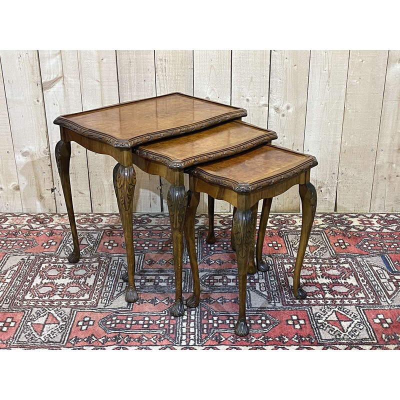 Vintage nesting tables in burr walnut, 1950