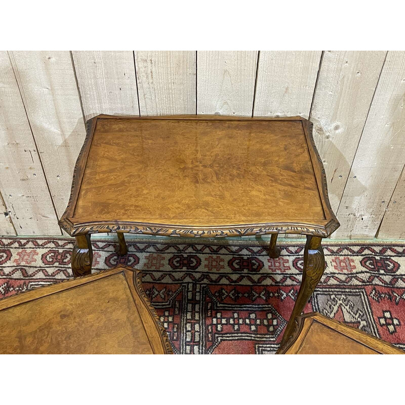 Vintage nesting tables in burr walnut, 1950