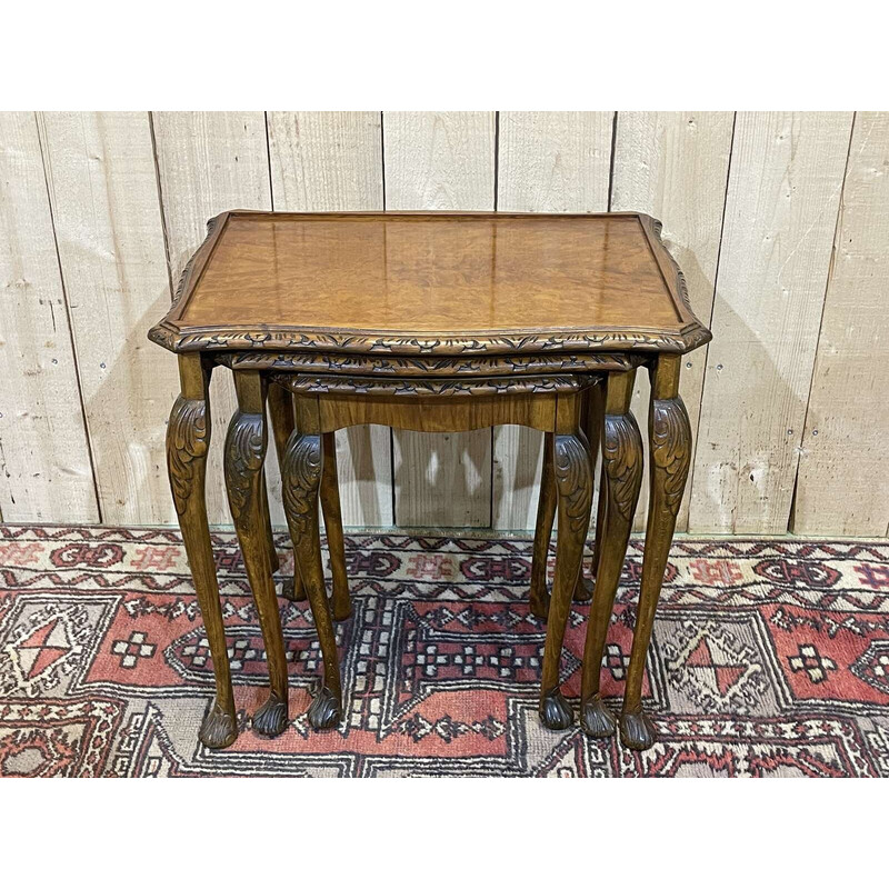 Vintage nesting tables in burr walnut, 1950