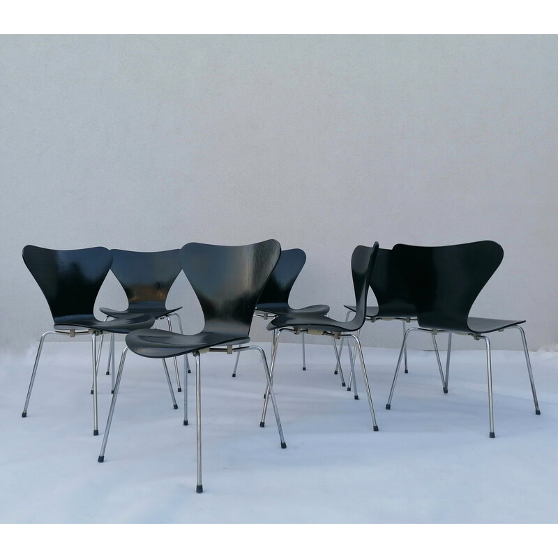 Juego de 7 sillas vintage 3107 de Arne Jacobsen para Fritz Hansen