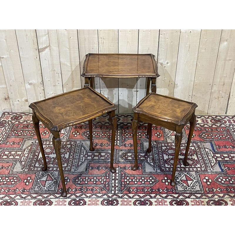 Vintage nesting tables in burr walnut, 1950