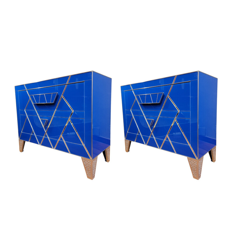 Pair of Art Deco vintage chests of drawers in blue glass