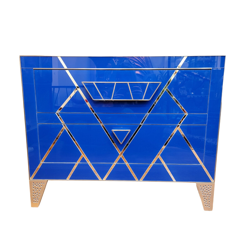 Paar Art Deco vintage ladekasten in blauw glas