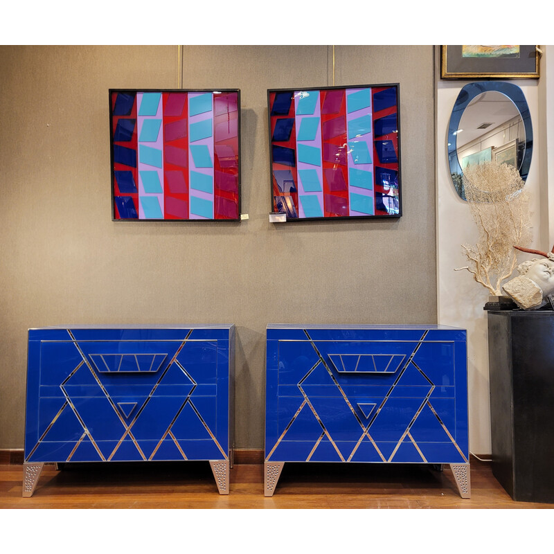 Pair of Art Deco vintage chests of drawers in blue glass