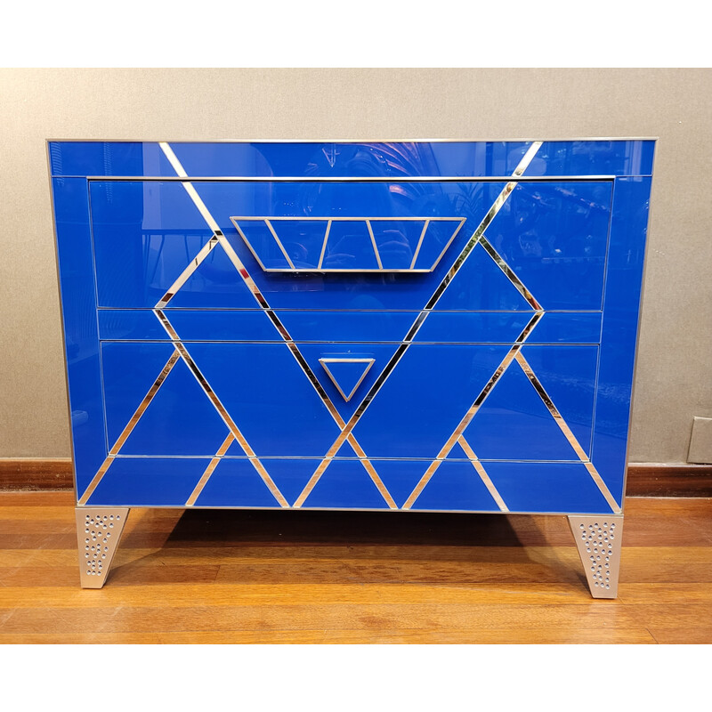 Pair of Art Deco vintage chests of drawers in blue glass