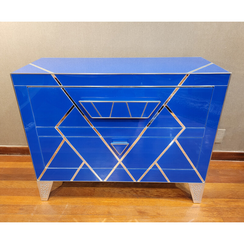 Pair of Art Deco vintage chests of drawers in blue glass