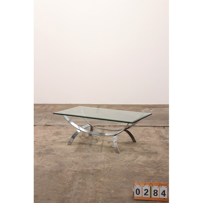 Space Age vintage chrome coffee table with thick glass top, Germany 1970
