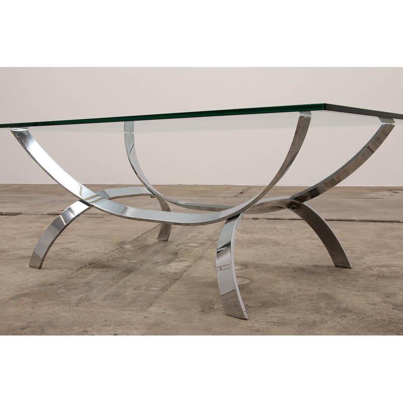 Space Age vintage chrome coffee table with thick glass top, Germany 1970