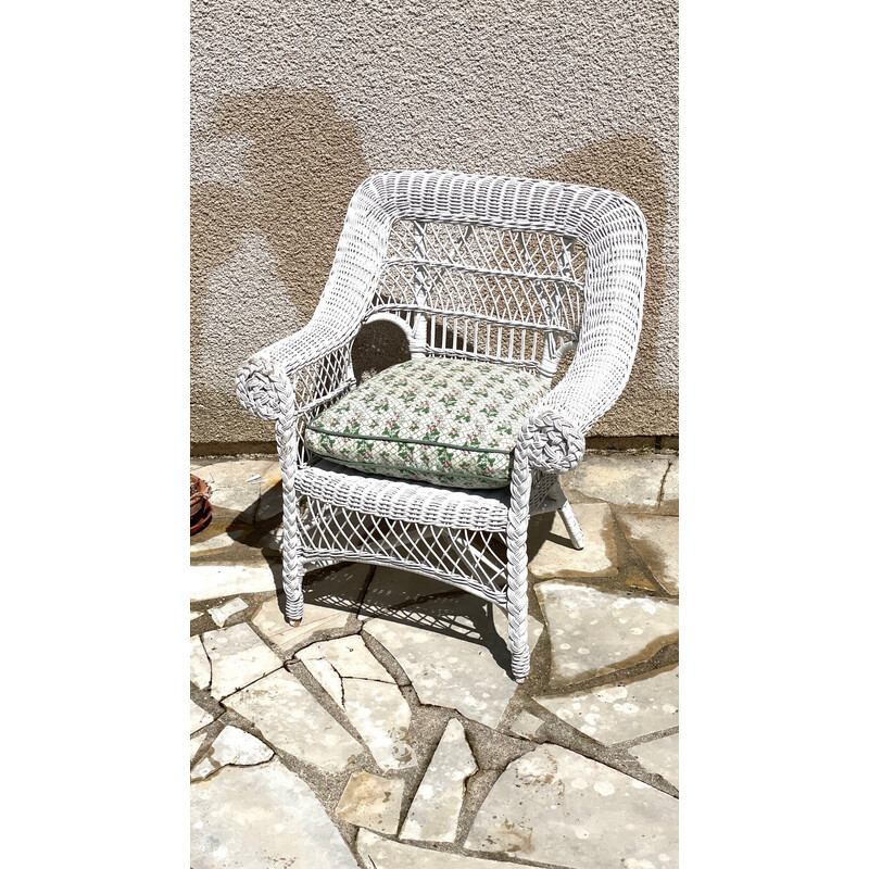 Vintage Kids armchair in white rattan, 1970-1980