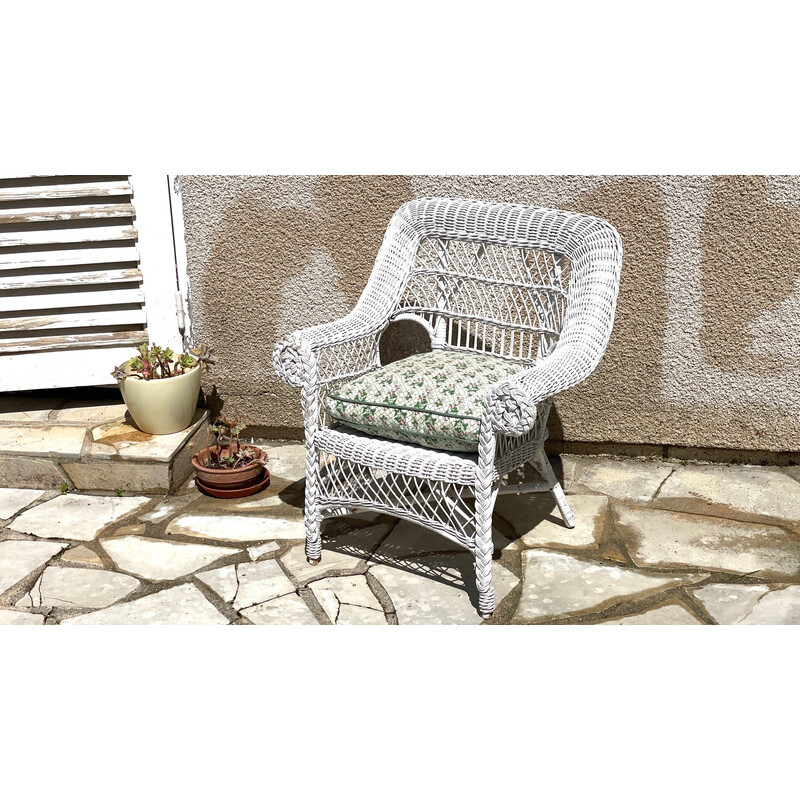 Poltrona vintage Kids in rattan bianco, 1970-1980