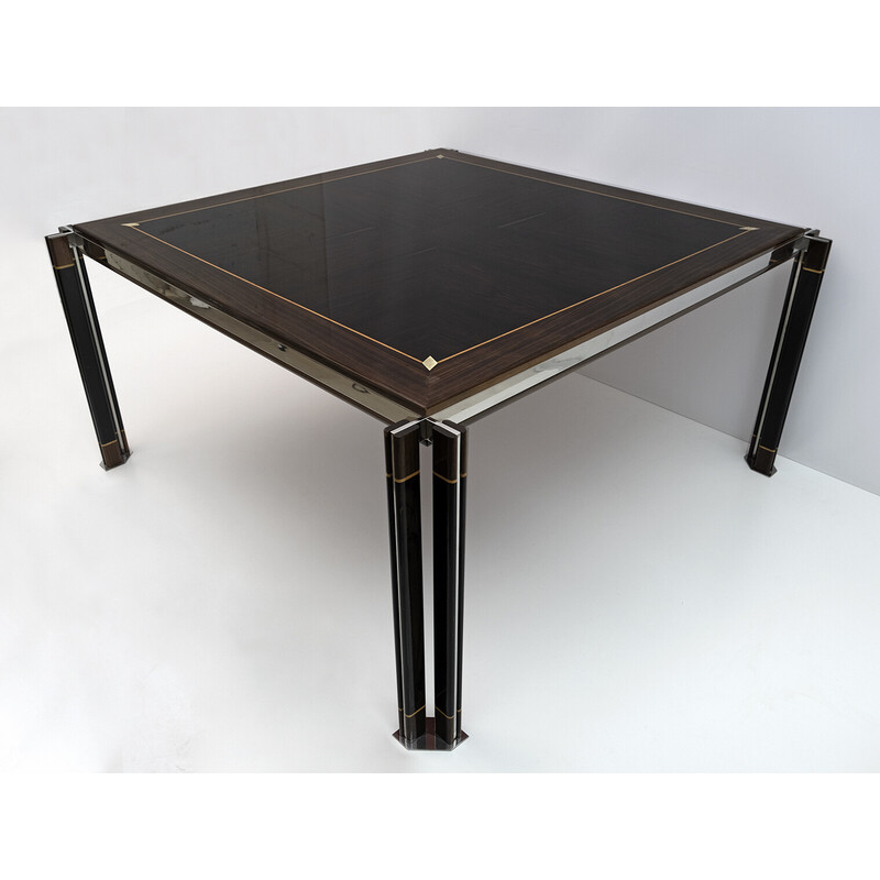 Italian vintage steel and inlaid wood dinning table by Paolo Barracchia for Roman Deco, 1978