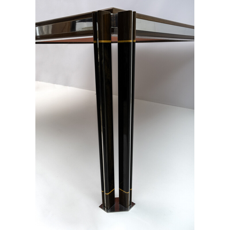 Italian vintage steel and inlaid wood dinning table by Paolo Barracchia for Roman Deco, 1978