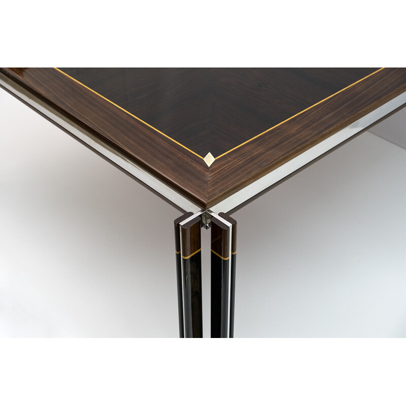 Italian vintage steel and inlaid wood dinning table by Paolo Barracchia for Roman Deco, 1978