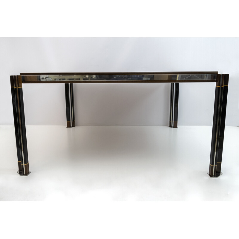 Italian vintage steel and inlaid wood dinning table by Paolo Barracchia for Roman Deco, 1978