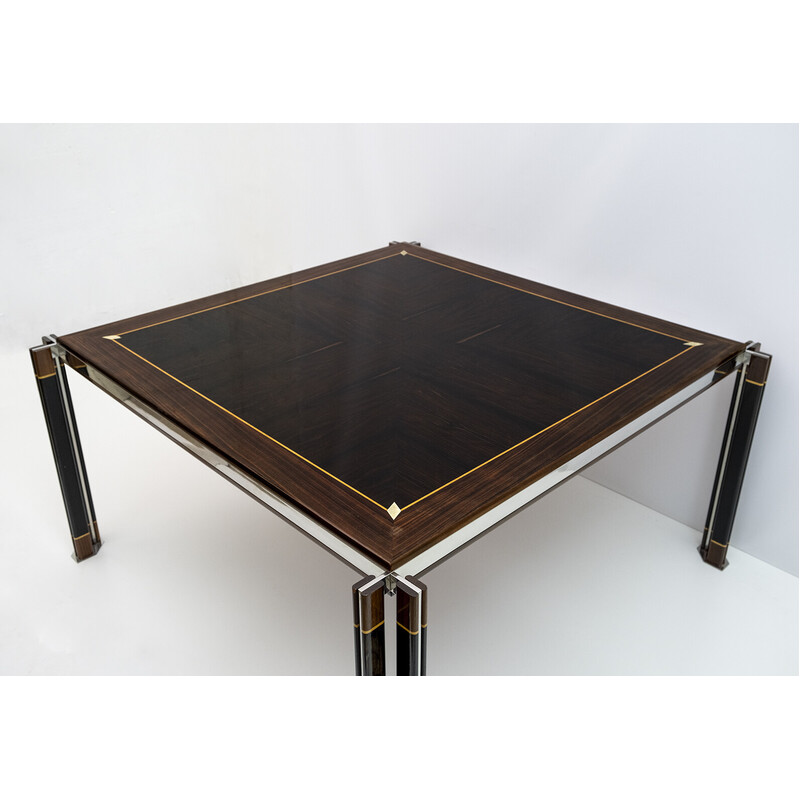 Italian vintage steel and inlaid wood dinning table by Paolo Barracchia for Roman Deco, 1978