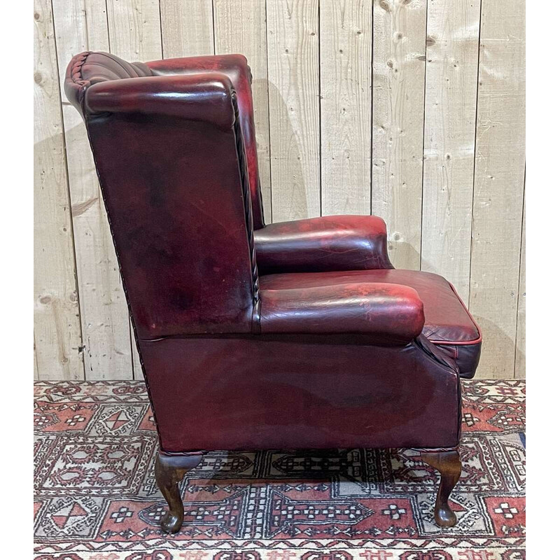 Vintage red leather Chesterfield wing chair, 1970