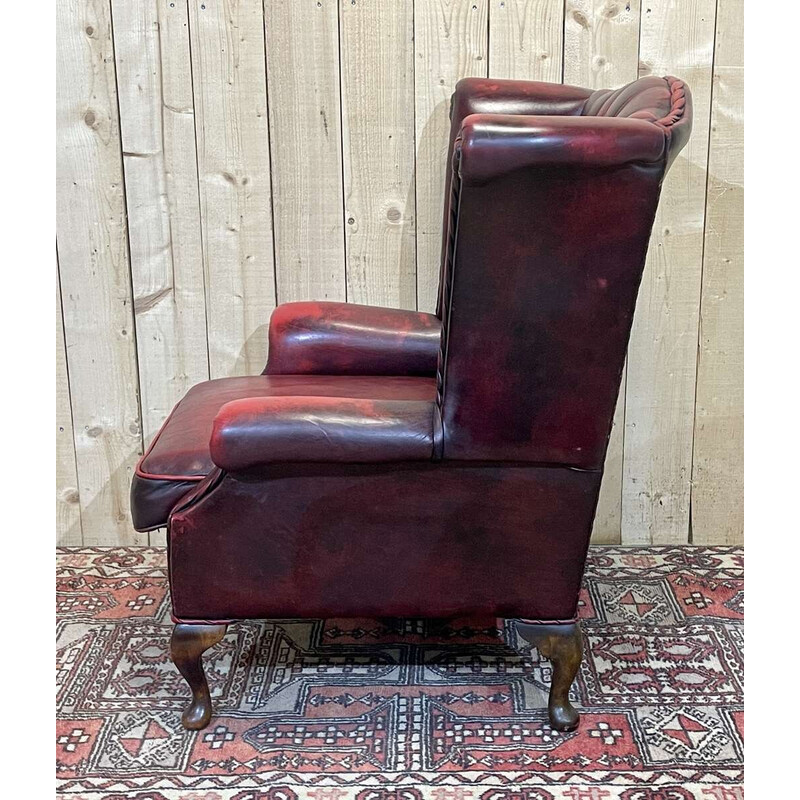 Cadeira de asa Chesterfield vintage em pele vermelha, 1970