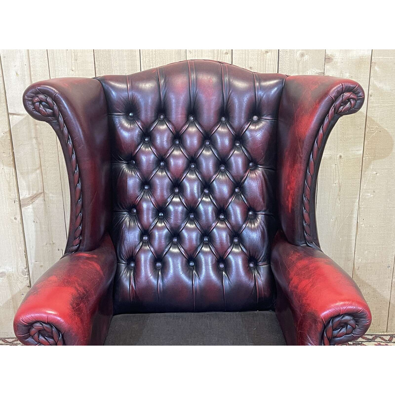 Vintage rood lederen Chesterfield wing chair, 1970