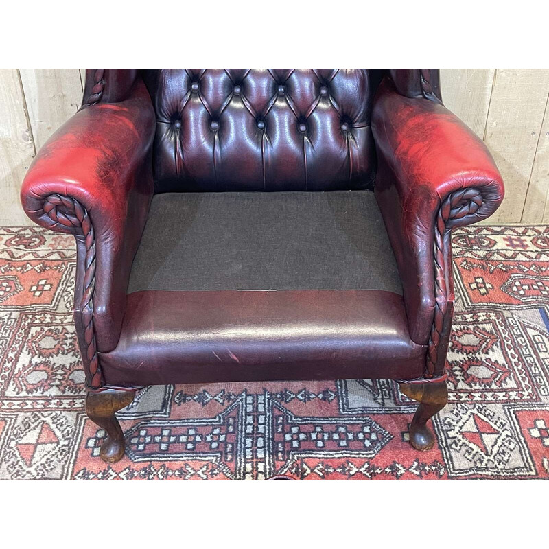 Vintage red leather Chesterfield wing chair, 1970