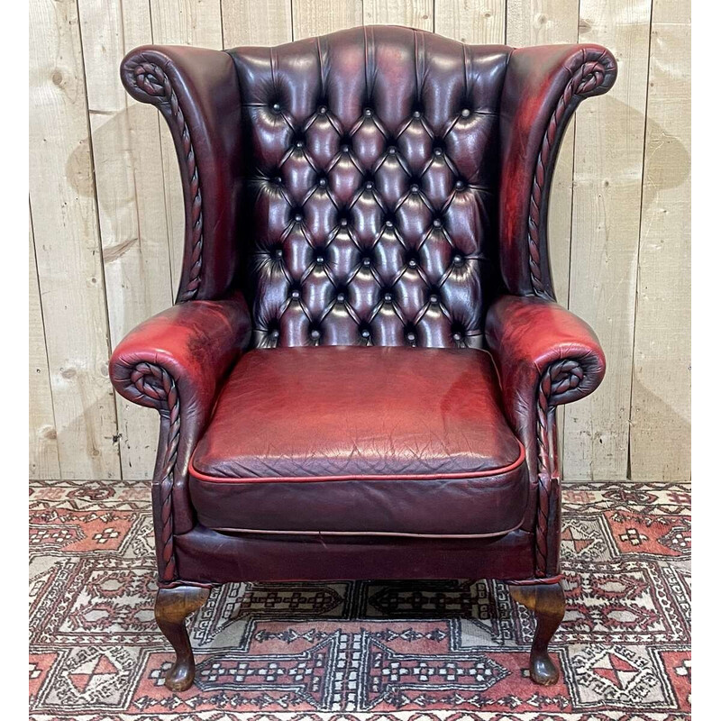 Vintage red leather Chesterfield wing chair, 1970