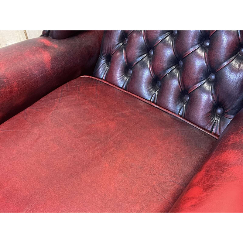 Vintage red leather Chesterfield wing chair, 1970