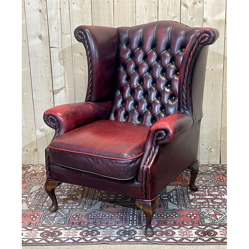 Vintage red leather Chesterfield wing chair, 1970