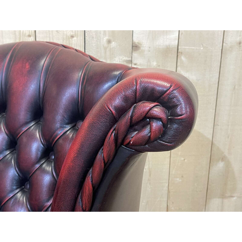 Vintage red leather Chesterfield wing chair, 1970