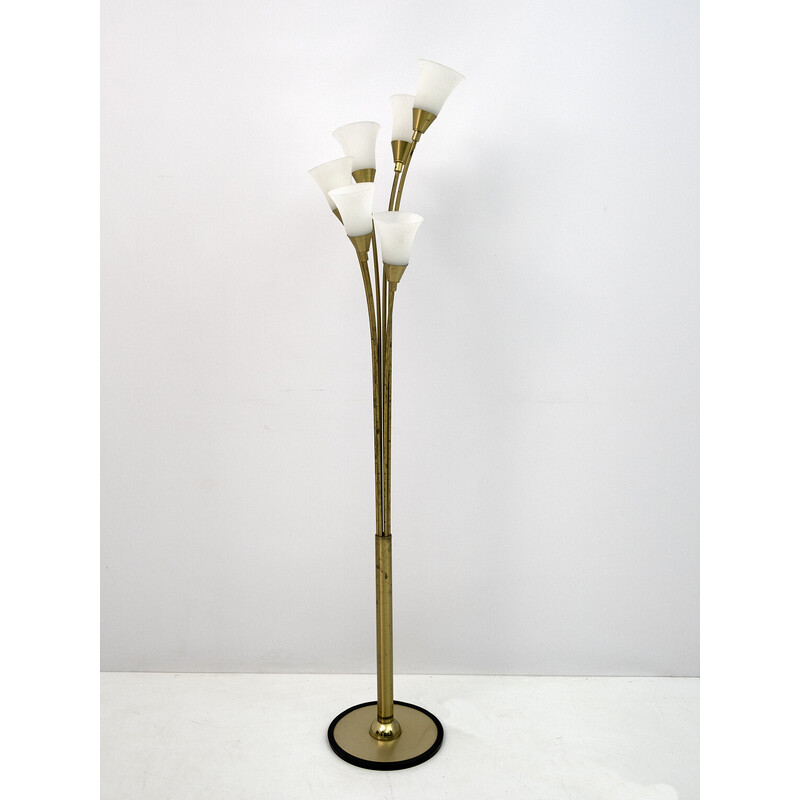 Mid-century Italian opaline glass and gilt brass Tulip floor lamp, 1960s