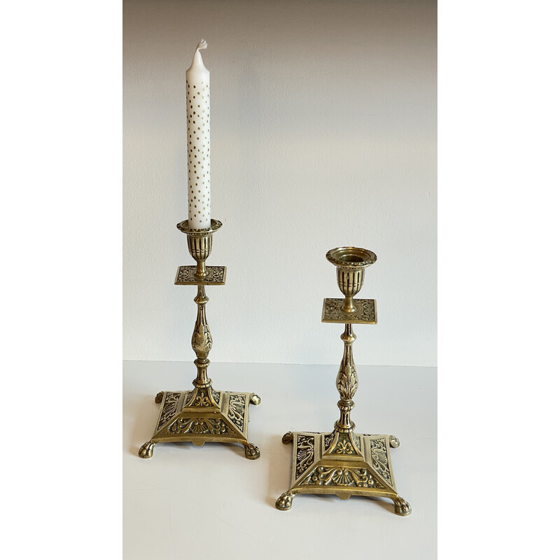 Pair of vintage brass lion paw candlesticks